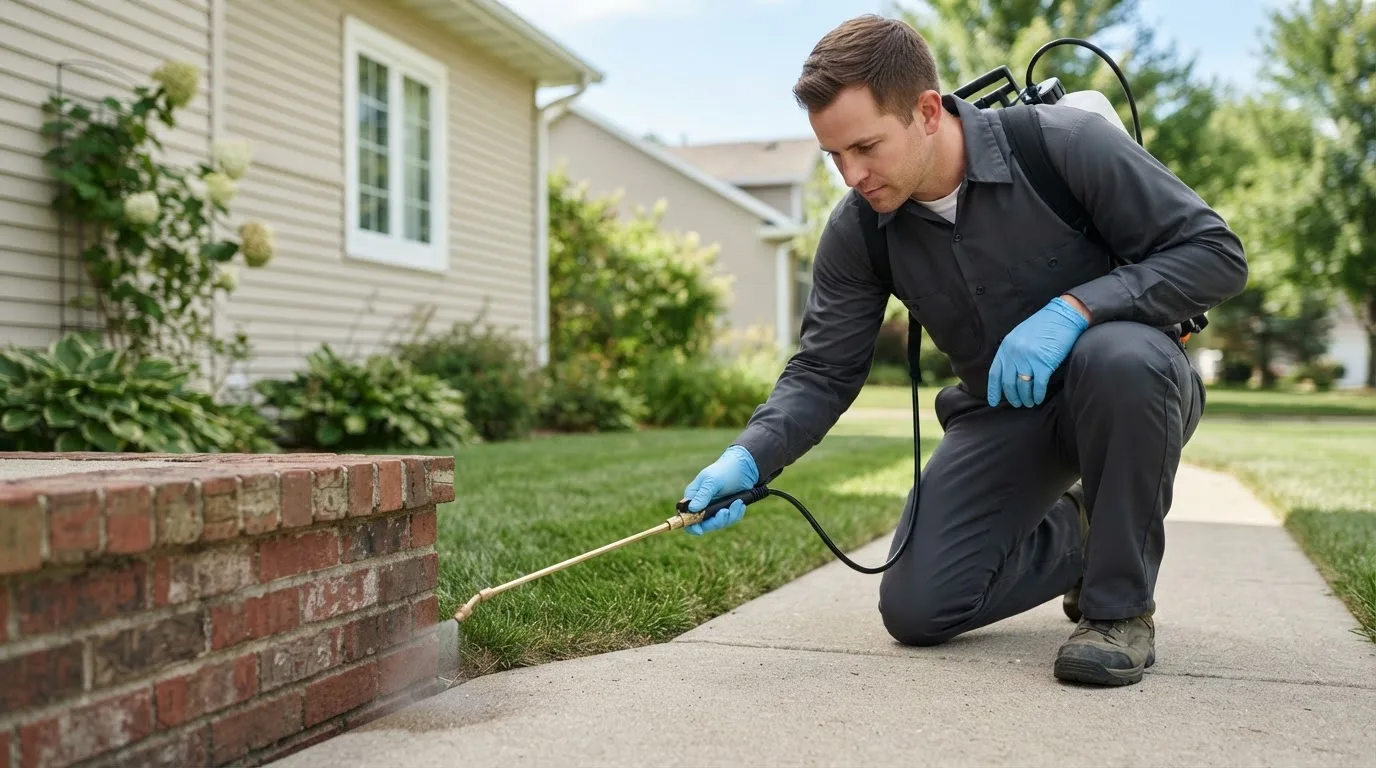 Pest control technician treating a home near Poolesville, MD